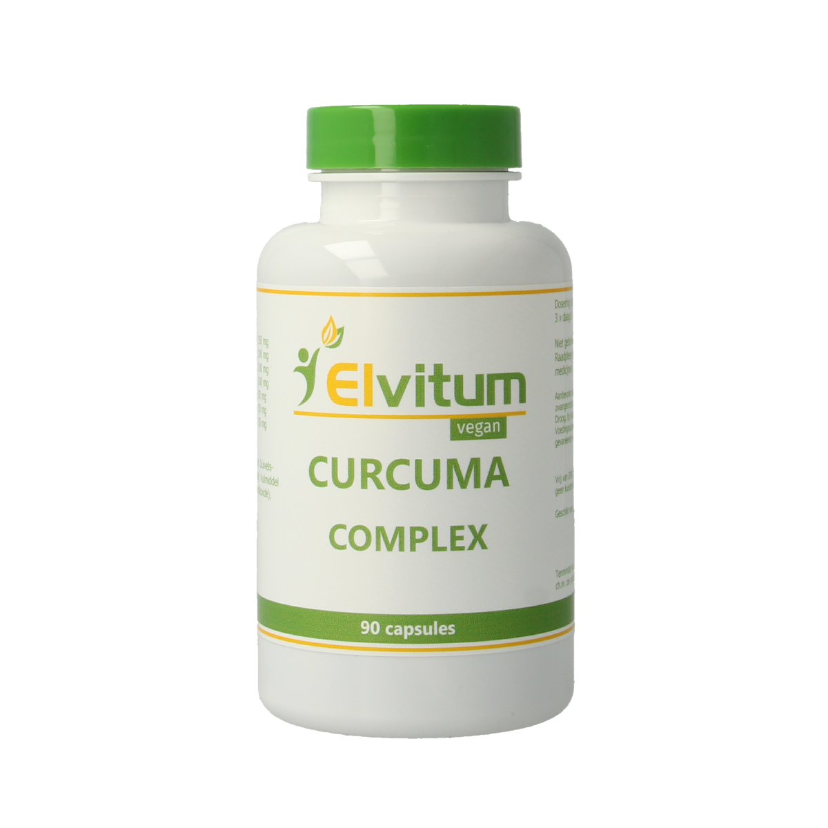 Elvitum Curcuma complex vegetarian capsules, herbal supplement with turmeric extract, in a clear bottle with capsules inside.