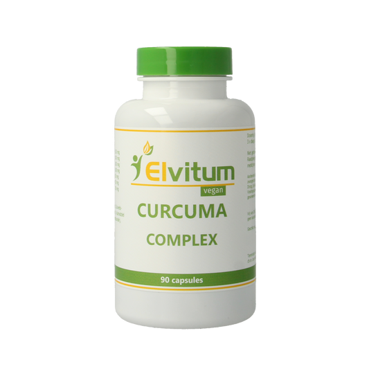 Elvitum Curcuma complex vegetarian capsules, herbal supplement with turmeric extract, in a clear bottle with capsules inside.