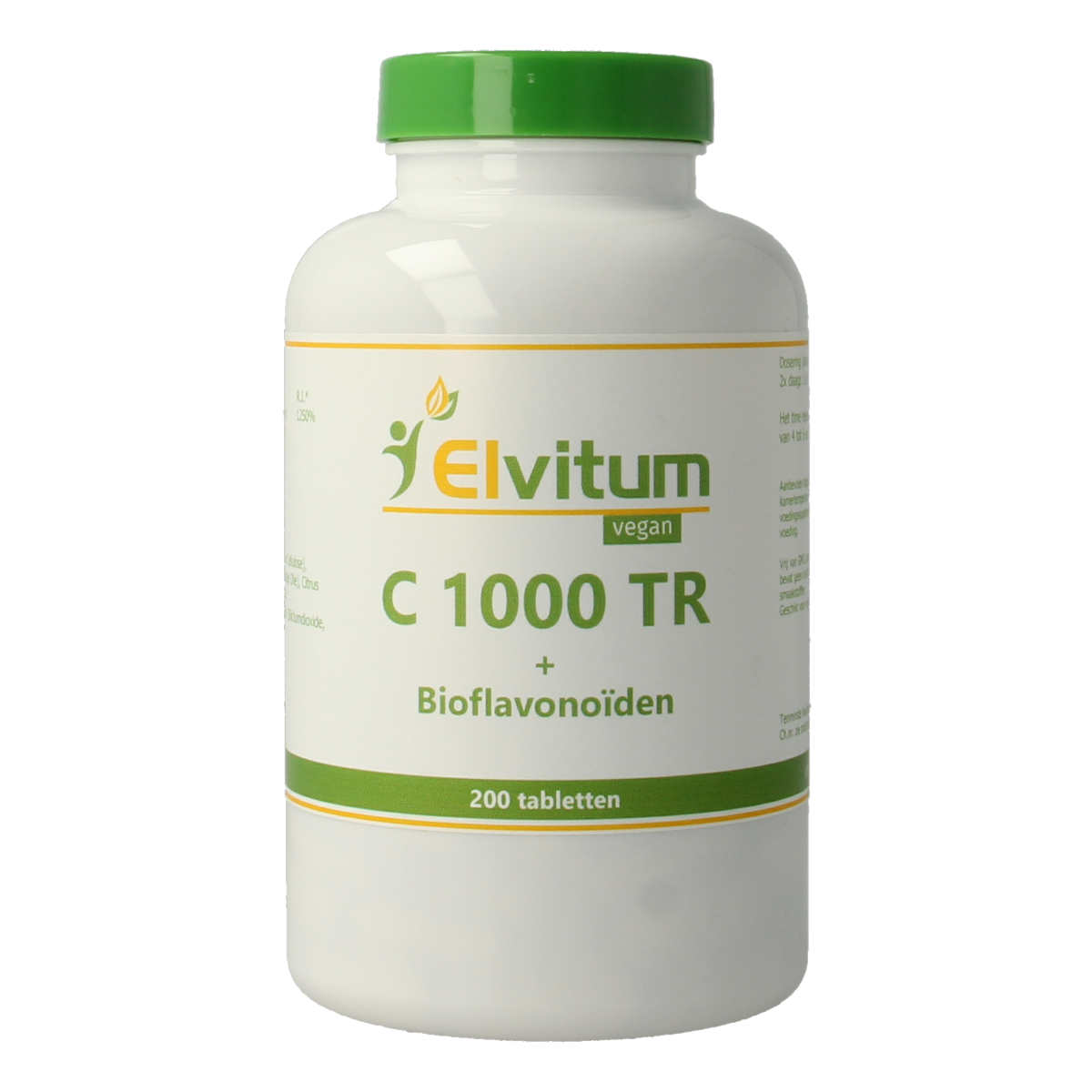 Elvitum Vitamin C 1000mg time-released tablets, 200 count, close-up of the supplement bottle with tablets visible