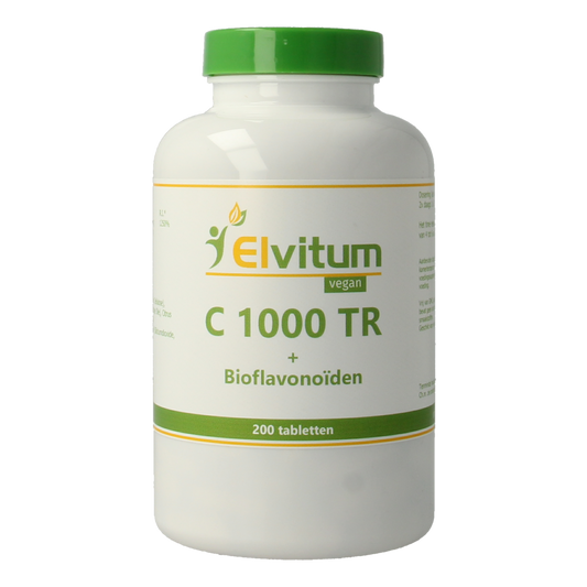 Elvitum Vitamin C 1000mg time-released tablets, 200 count, close-up of the supplement bottle with tablets visible