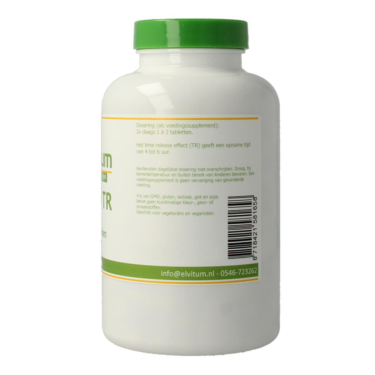 Elvitum Vitamin C 1000mg time-released tablets, 200 count, close-up of the supplement bottle with tablets inside