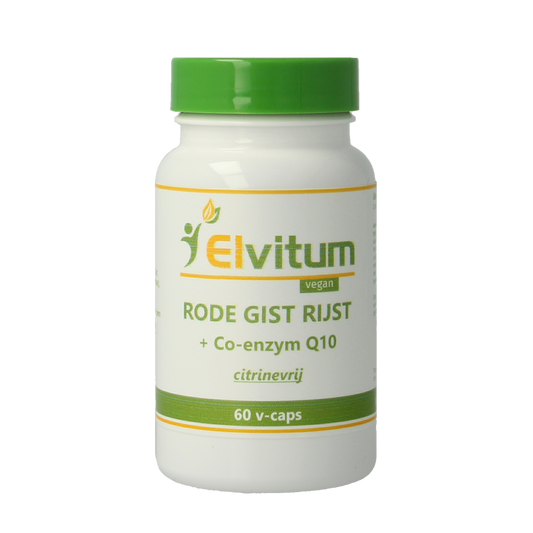 Elvitum Rode gist rijst met Q10 vegetarische capsules in blister pack, herbal supplement for heart health.
