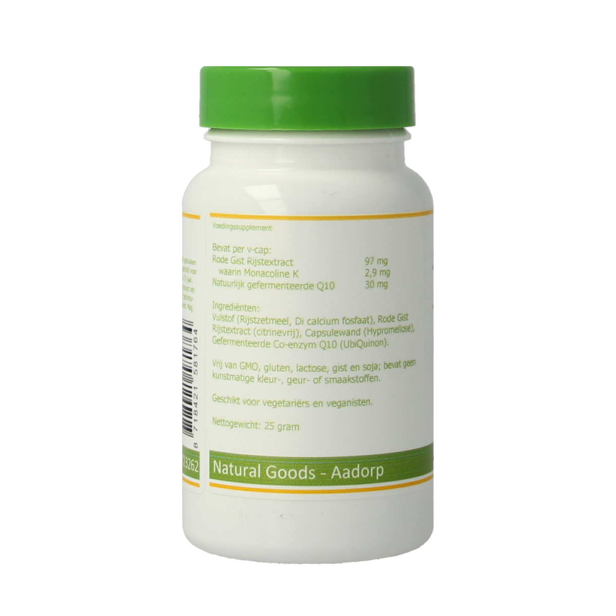 Elvitum Rode Gist Rijst met Q10 vegetarische capsules in a clear bottle with a white cap and label showing product details