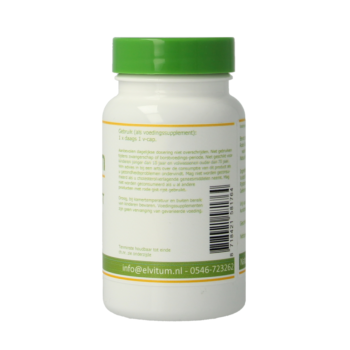 Elvitum Rode Gist Rijst met Q10 vegetarische capsules, herbal supplement in a clear bottle with capsules visible inside.