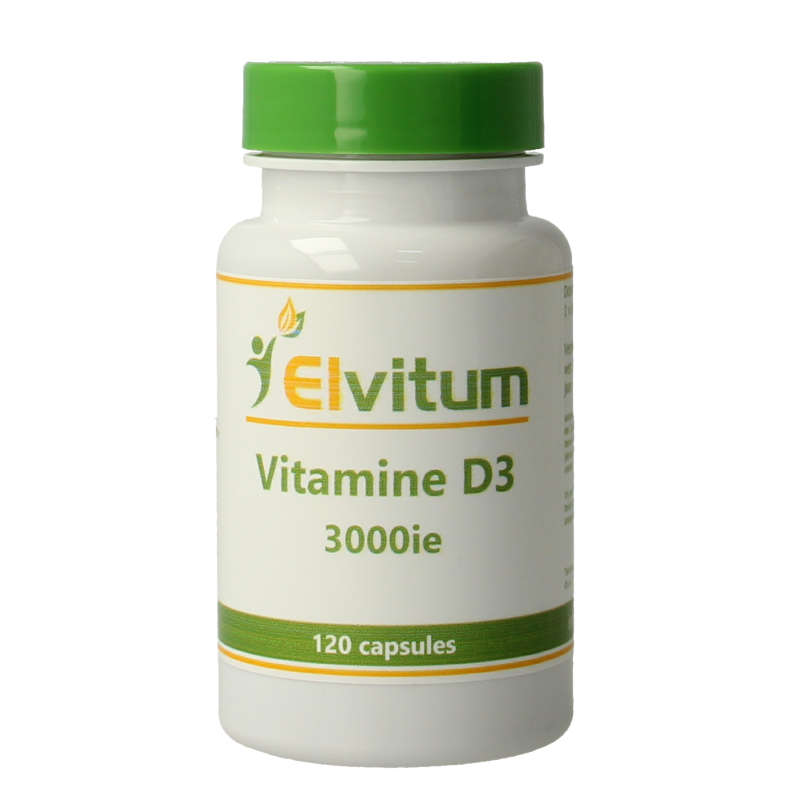 Elvitum Vitamin D3 3000IU 75mcg capsules, natural supplement for bone health, displayed in a bottle with capsules.