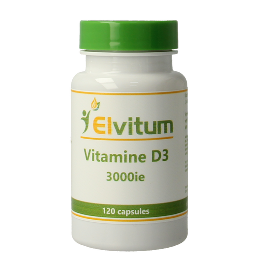 Elvitum Vitamin D3 3000IU 75mcg capsules, natural supplement for bone health, displayed in a bottle with capsules.