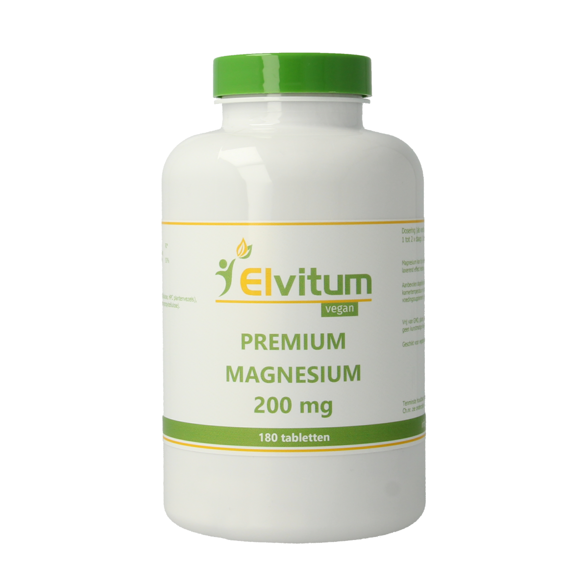 Elvitum Premium magnesium 200mg tablets, 180 count, shown in blister pack on white background.