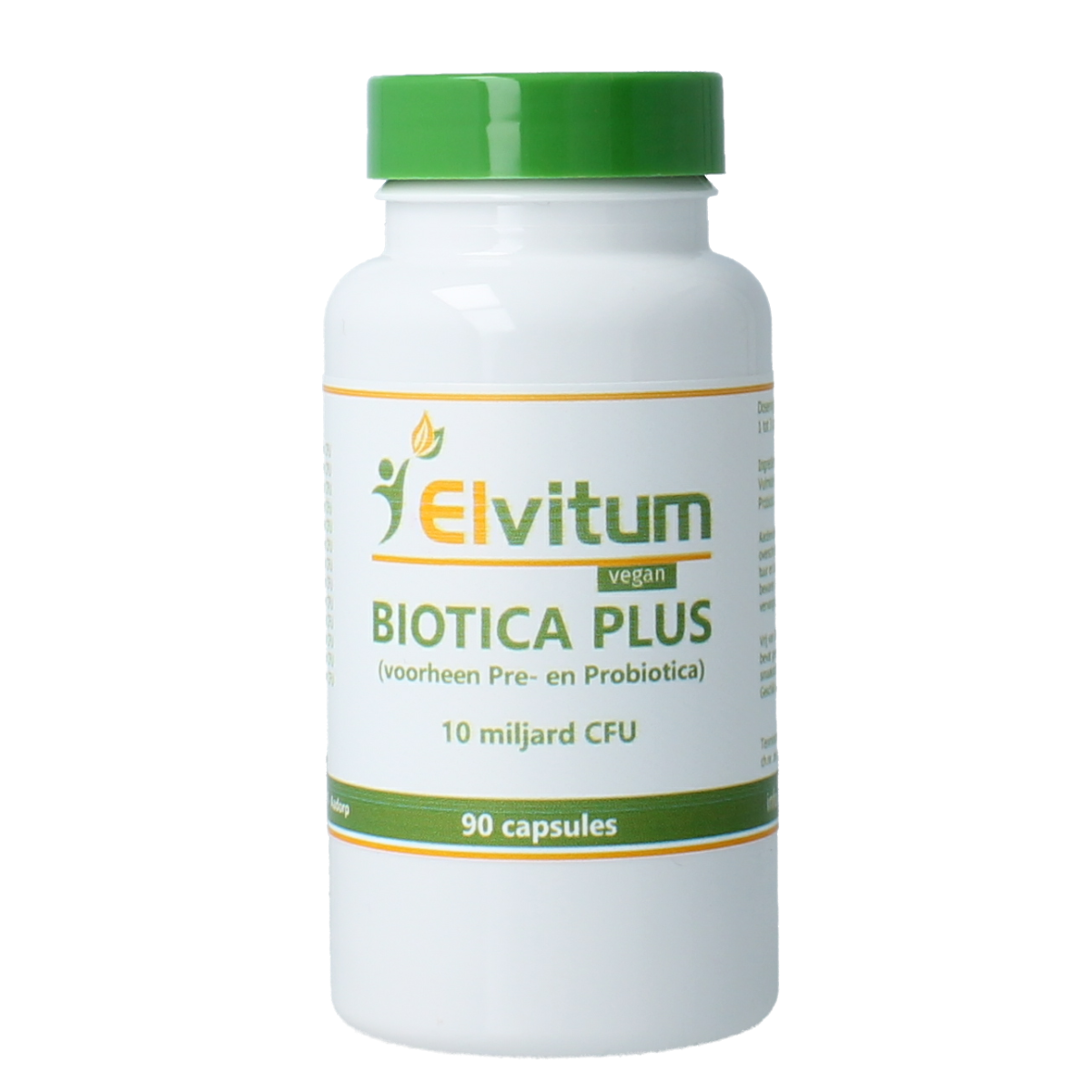 Elvitum Biotica Plus vegetarian capsules containing micro-organisms, shown in a clear container.