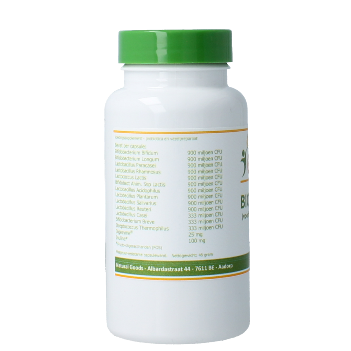 Elvitum Biotica Plus vegetarian capsules containing micro-organisms, shown in a bottle with capsules inside.