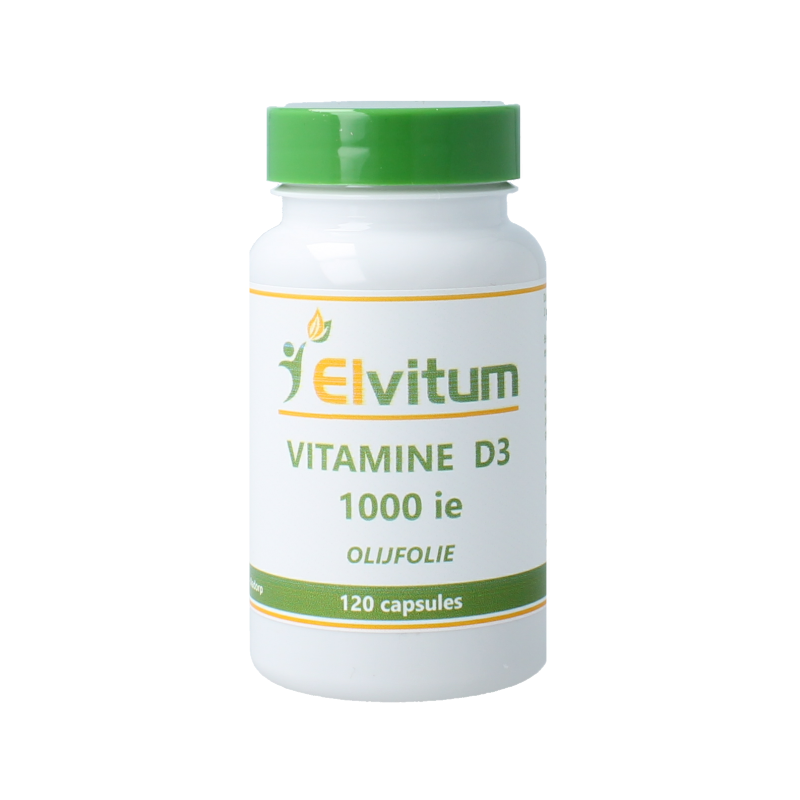 Elvitum Vitamin D3 1000IU/25mcg supplement in a bottle of 120 capsules for supporting bone health and immune function.