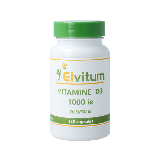 Elvitum Vitamin D3 1000IU/25mcg supplement in a bottle of 120 capsules for supporting bone health and immune function.
