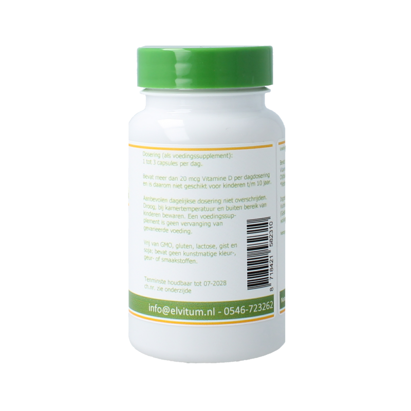 Elvitum Vitamin D3 1000IU capsules, dietary supplement, 120 softgel capsules for supporting bone health and immune function.