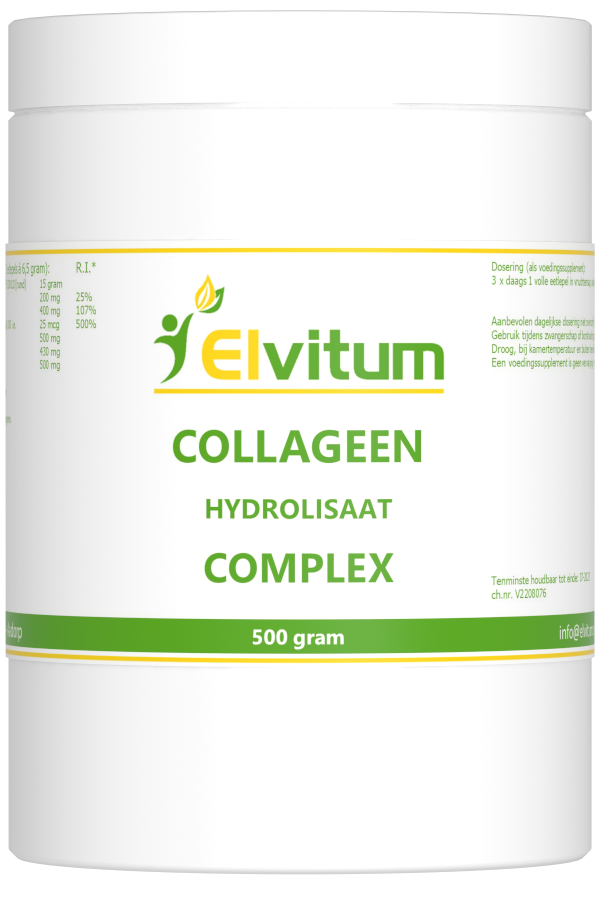 Elvitum Collageen Complex mineral supplement in 500g jar, featuring natural collagen and mineral blend for skin and joint health.