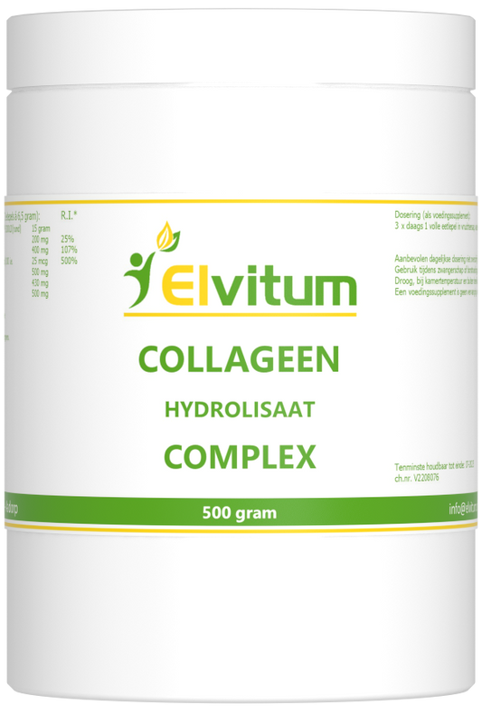 Elvitum Collageen Complex mineral supplement in 500g jar, featuring natural collagen and mineral blend for skin and joint health.