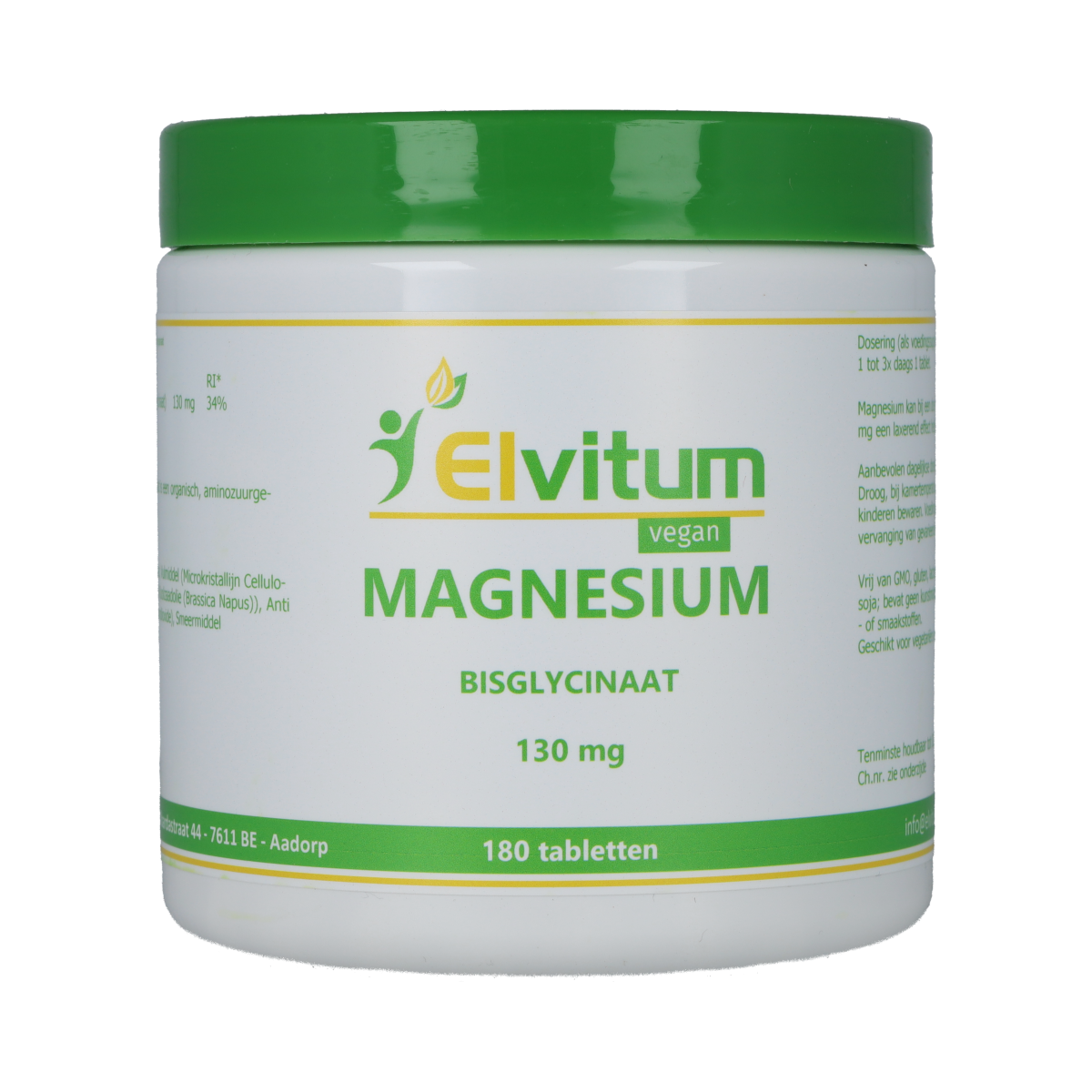 Elvitum Magnesium bisglycinate 130mg tablets, mineral supplement, close-up of the bottle showing the label and tablets inside.