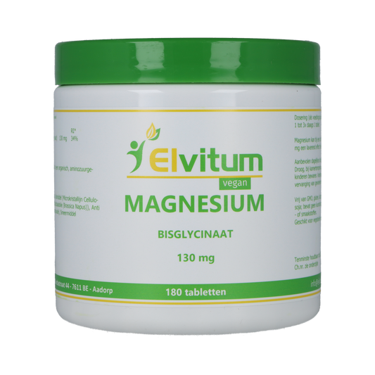 Elvitum Magnesium bisglycinate 130mg tablets, mineral supplement, close-up of the bottle showing the label and tablets inside.