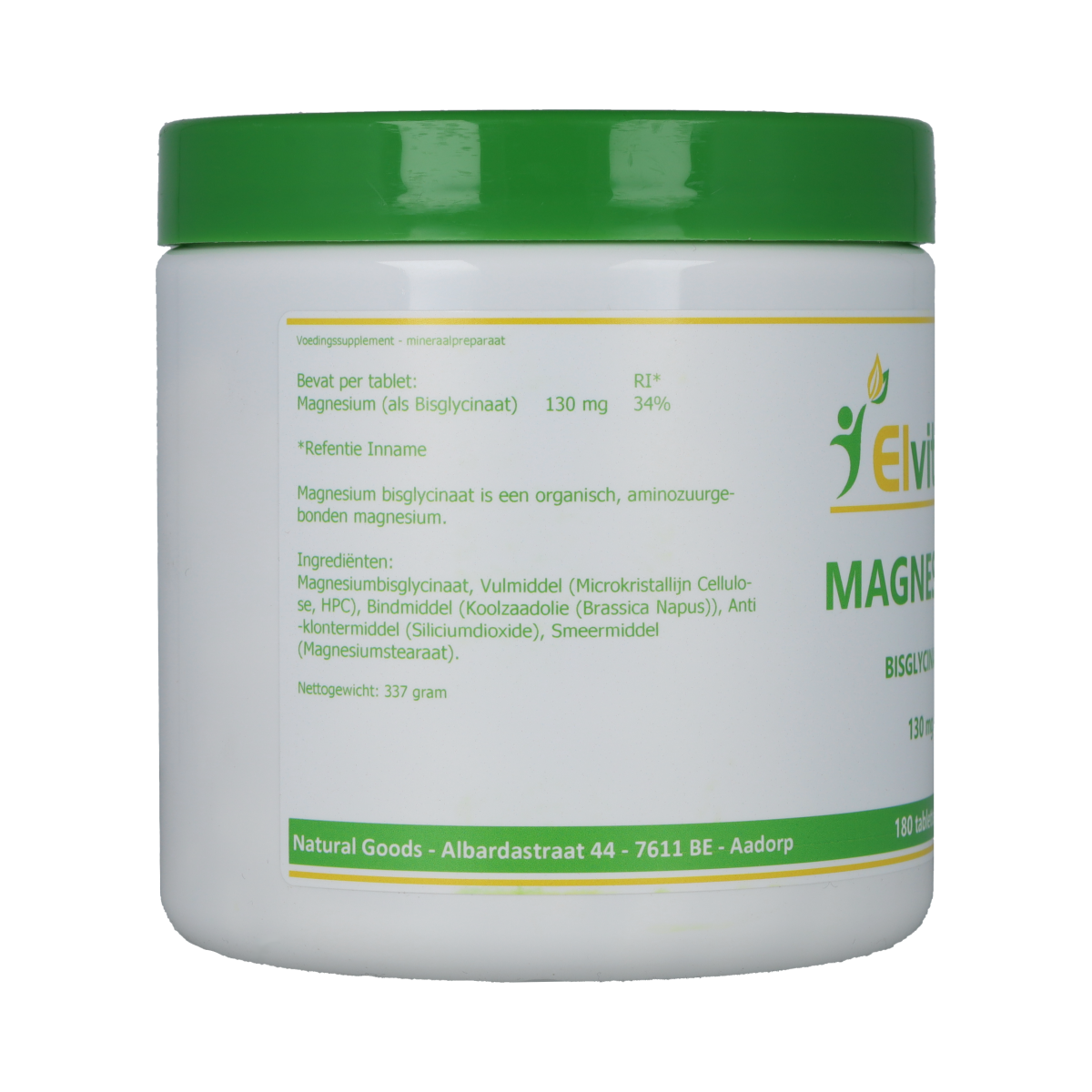 Elvitum Magnesium bisglycinate 130mg supplement in a bottle of 180 tablets, showing the product label and tablets inside.