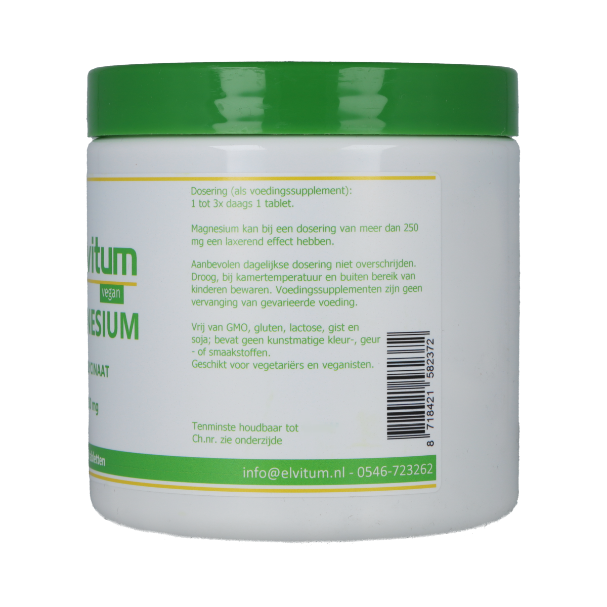 Elvitum Magnesium bisglycinate 130mg supplement in a bottle with 180 tablets, showing the product label and tablets inside.