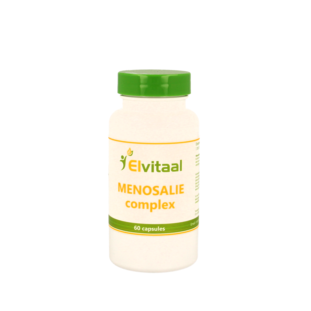 Elvitum Menosalie herbal supplement capsules in a bottle, part of the Elvitum Kruidenpreparaten product line.