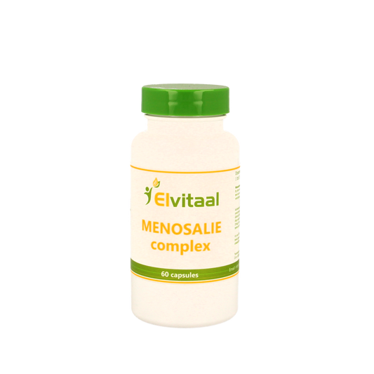 Elvitum Menosalie herbal supplement capsules in a bottle, part of the Elvitum Kruidenpreparaten product line.