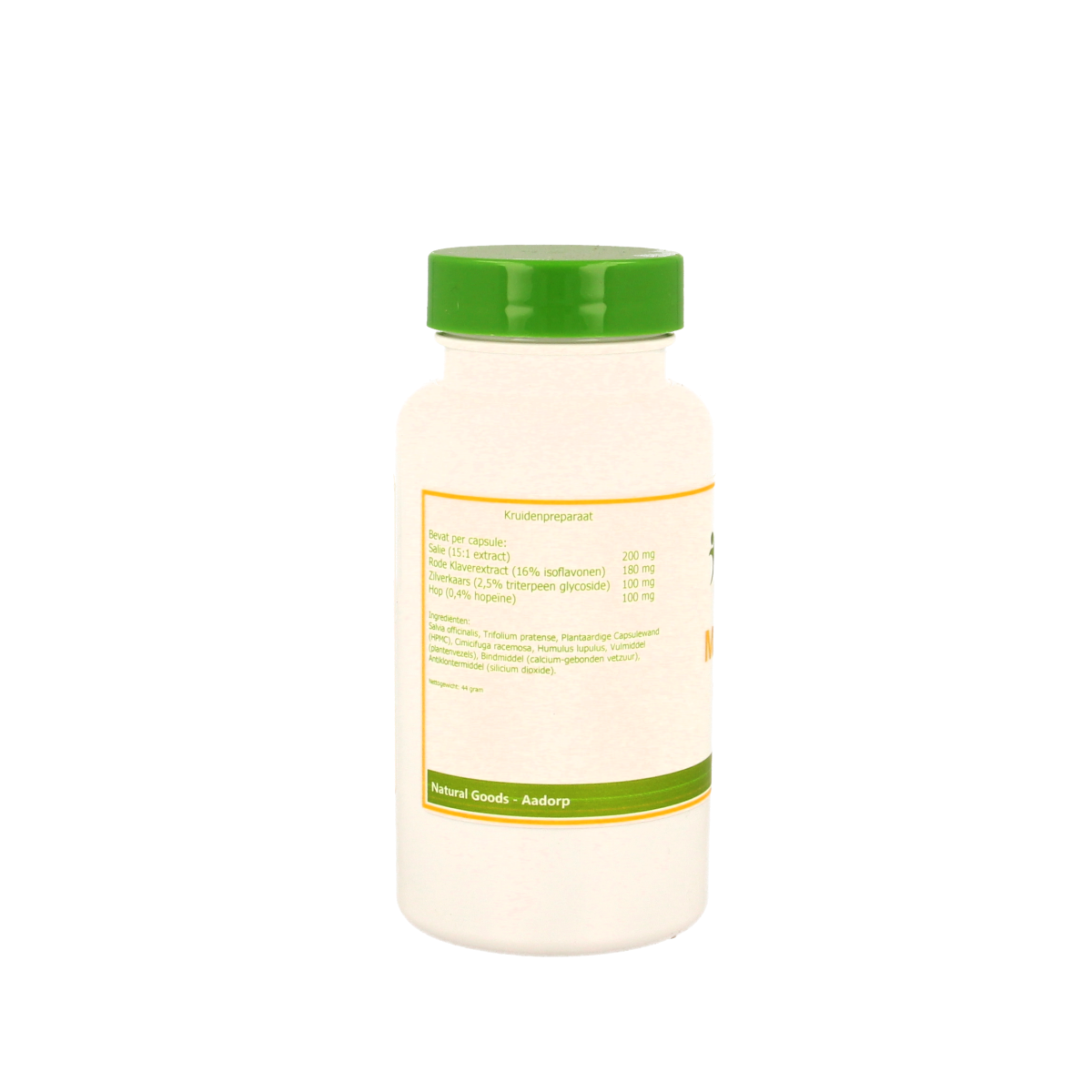 Elvitum Menosalie herbal supplement capsules in a bottle, part of Kruidenpreparaten by Elvitum, with a close-up of the packaging.