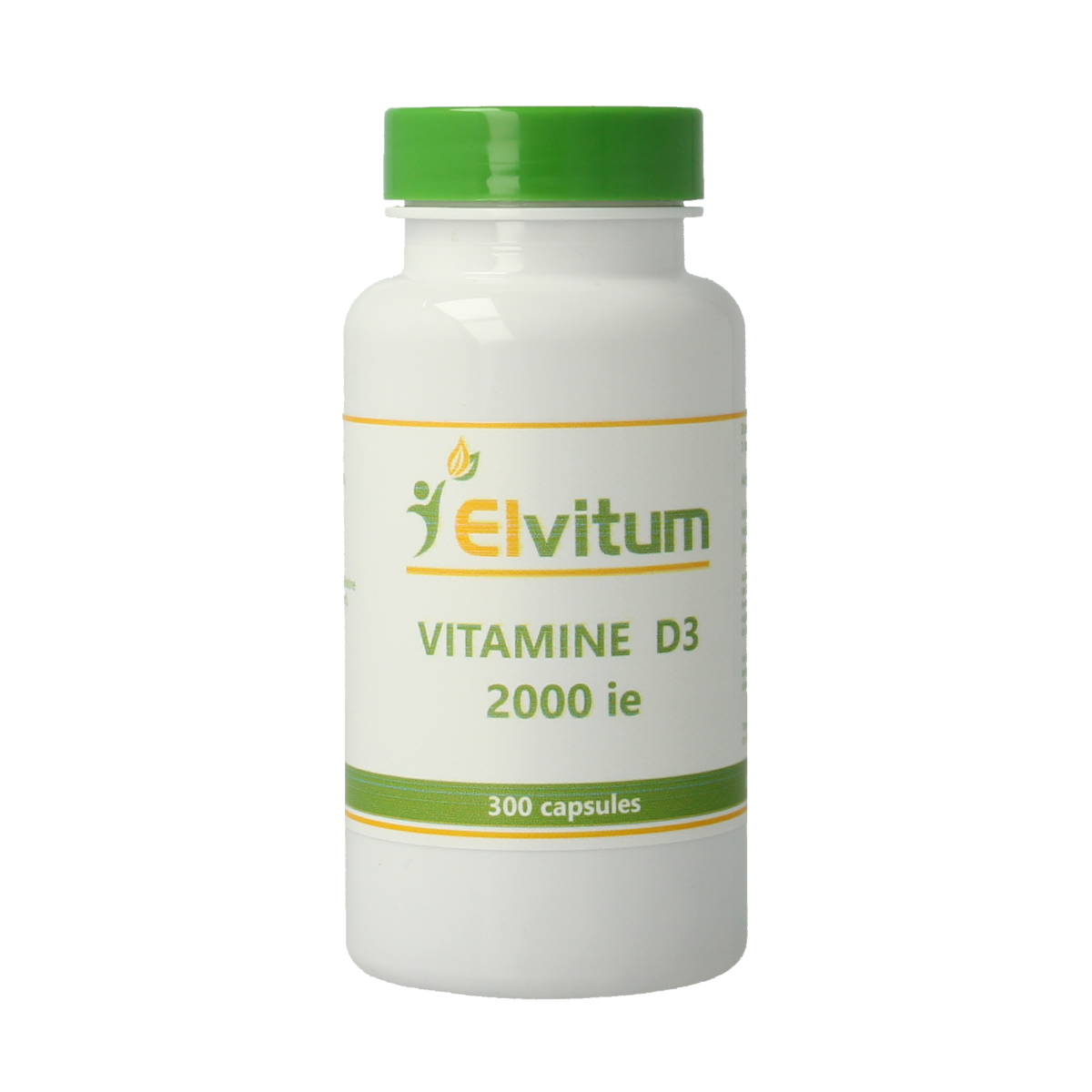 Elvitum Vitamin D3 2000IU capsules in a bottle, dietary supplement for bone and immune health.