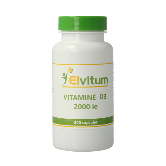 Elvitum Vitamin D3 2000IU capsules in a bottle, dietary supplement for bone and immune health.