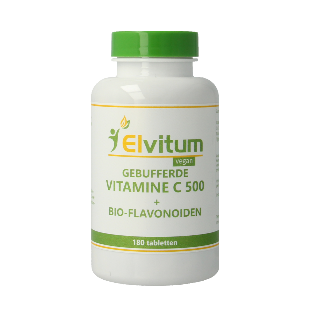 Elvitum Gebufferde vitamine C 500mg supplement in a bottle with 180 tablets, showing the product label and tablets inside