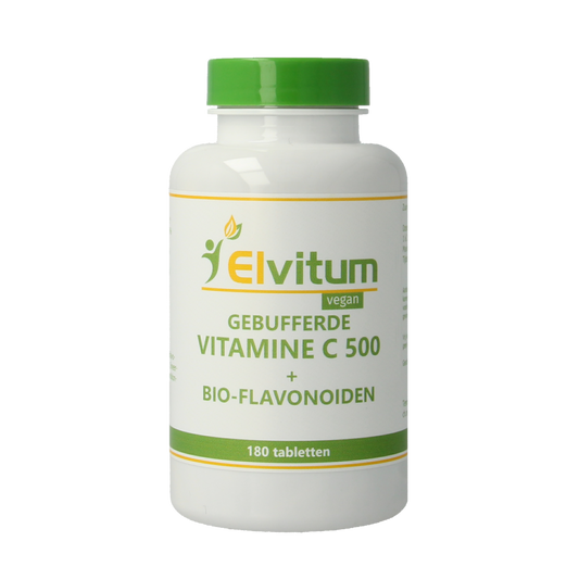 Elvitum Gebufferde vitamine C 500mg supplement in a bottle with 180 tablets, showing the product label and tablets inside