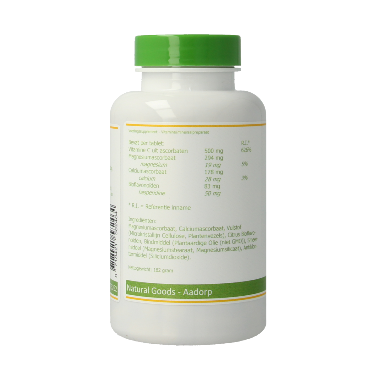 Elvitum buffered vitamin C 500mg supplement in a bottle of 180 tablets, showing the tablet and packaging on a white background.