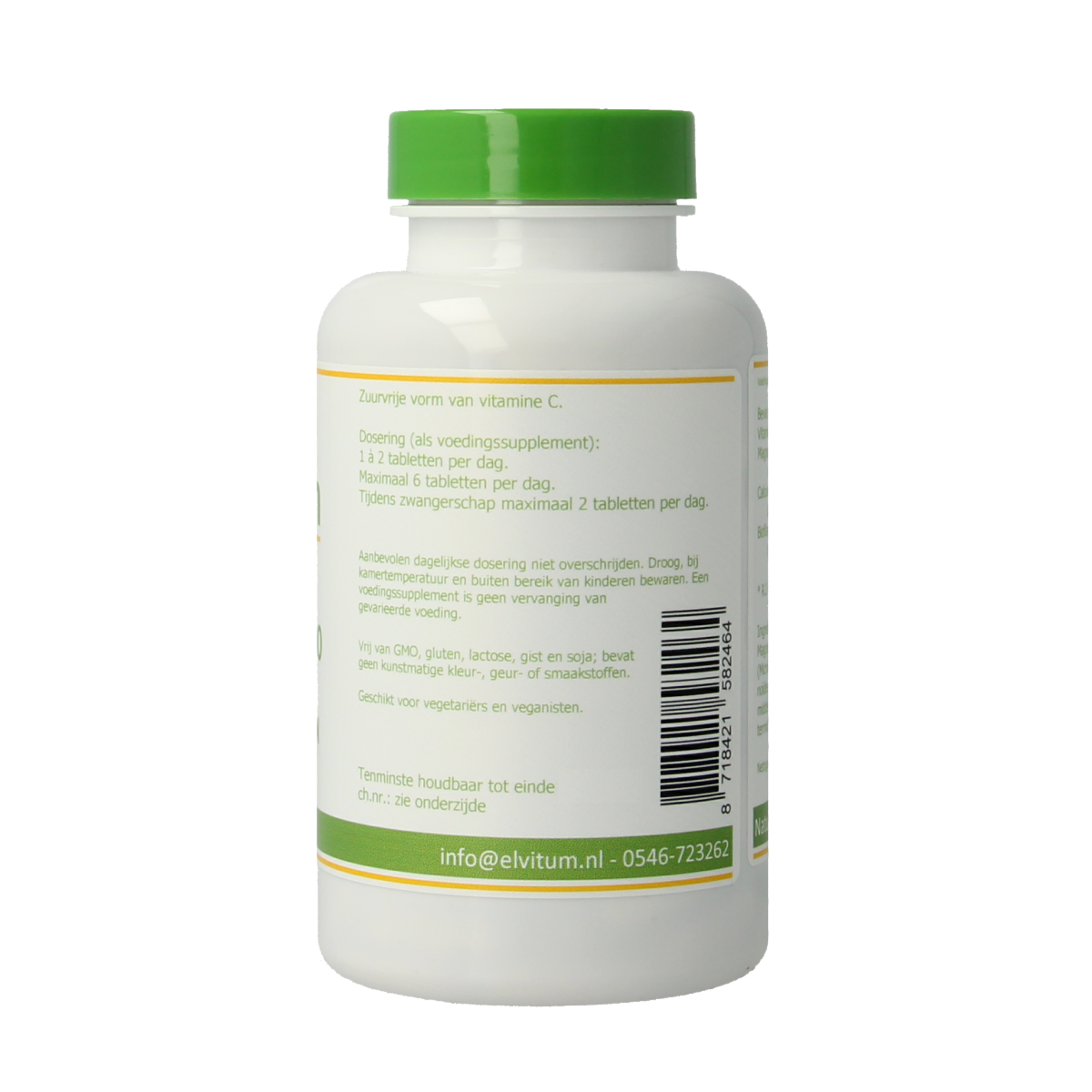 Elvitum Gebufferde vitamine C 500mg tablets, 180 count, showing the supplement bottle with tablets inside.
