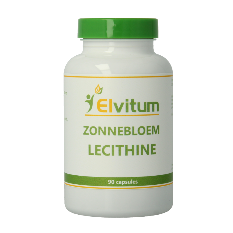 Elvitum Zonnebloem lecithine capsules in a bottle, herbal supplement for health and wellness, showing the product label.