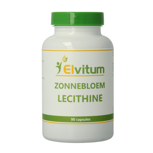 Elvitum Zonnebloem lecithine capsules in a bottle, herbal supplement for health and wellness, showing the product label.