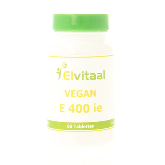 Elvitum Vitamin E400 vegan tablets in a bottle, dietary supplement for skin and antioxidant health.