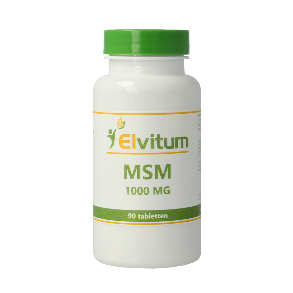 Elvitum MSM 90 tablets bottle showing white tablets in a clear container, dietary mineral supplement for joint and skin health.