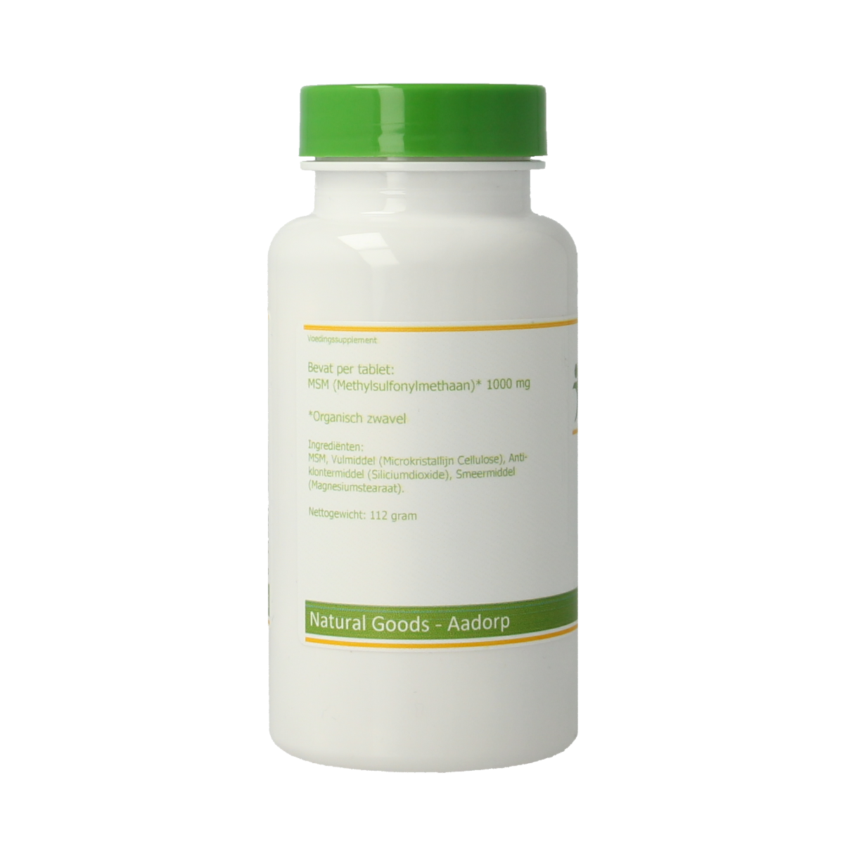 Elvitum MSM 90 tablets bottle, mineral supplement, white round tablets in a clear container with label