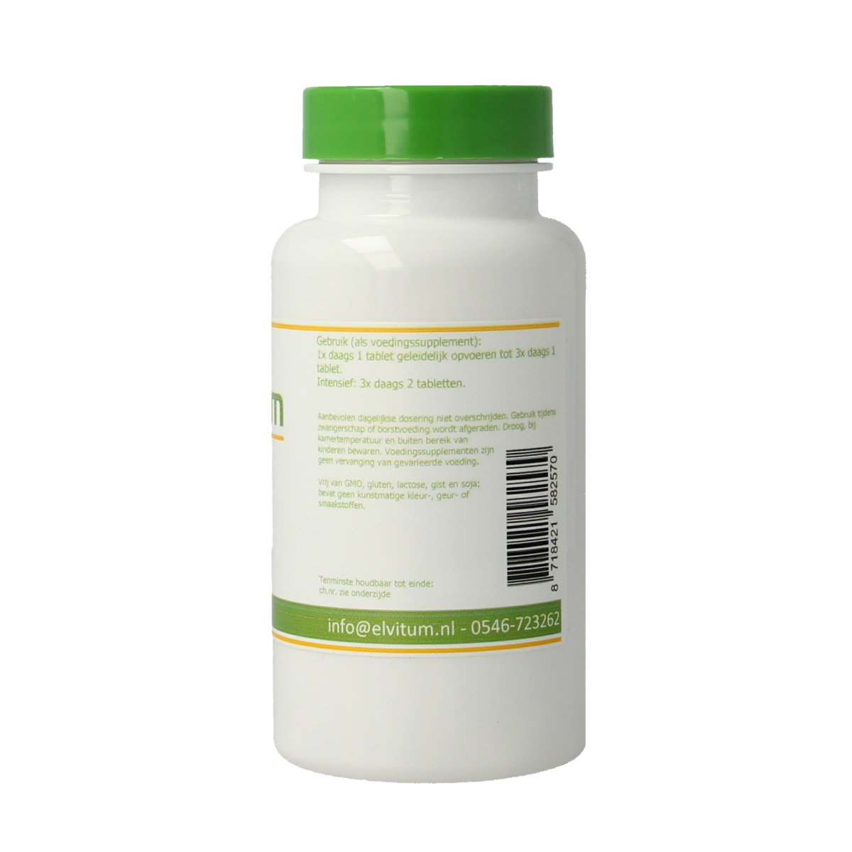 Elvitum MSM 90 tablets bottle, mineral supplement, showing the label and tablets inside the container.