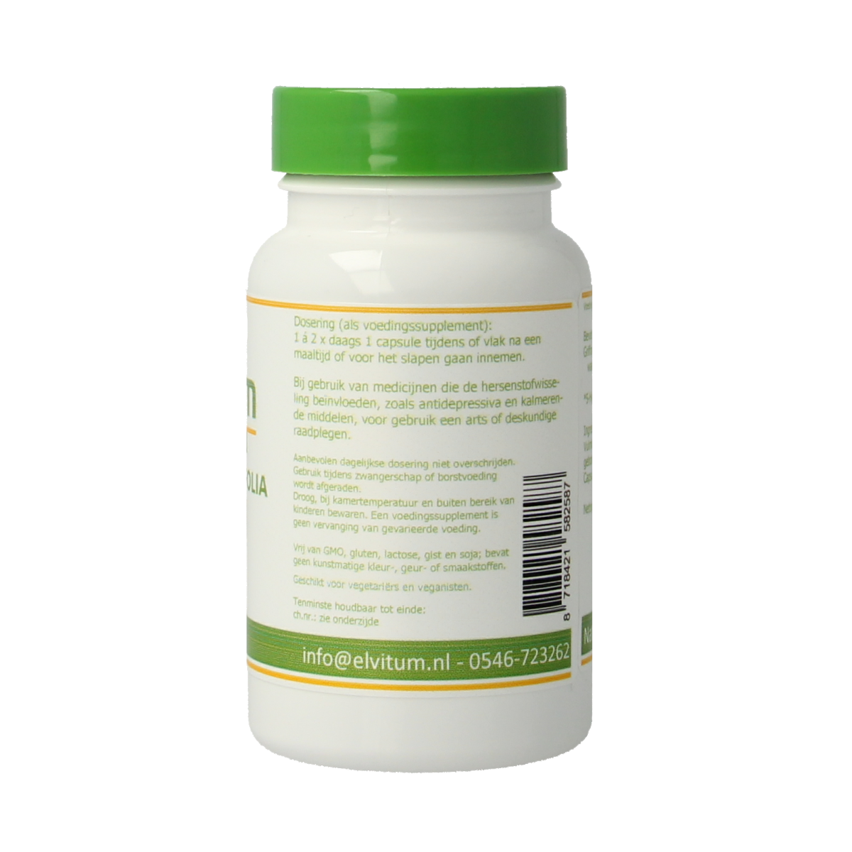 Elvitum Griffonia simplicifolia 5-HTP vegetarian capsules in a bottle with label showing product details.