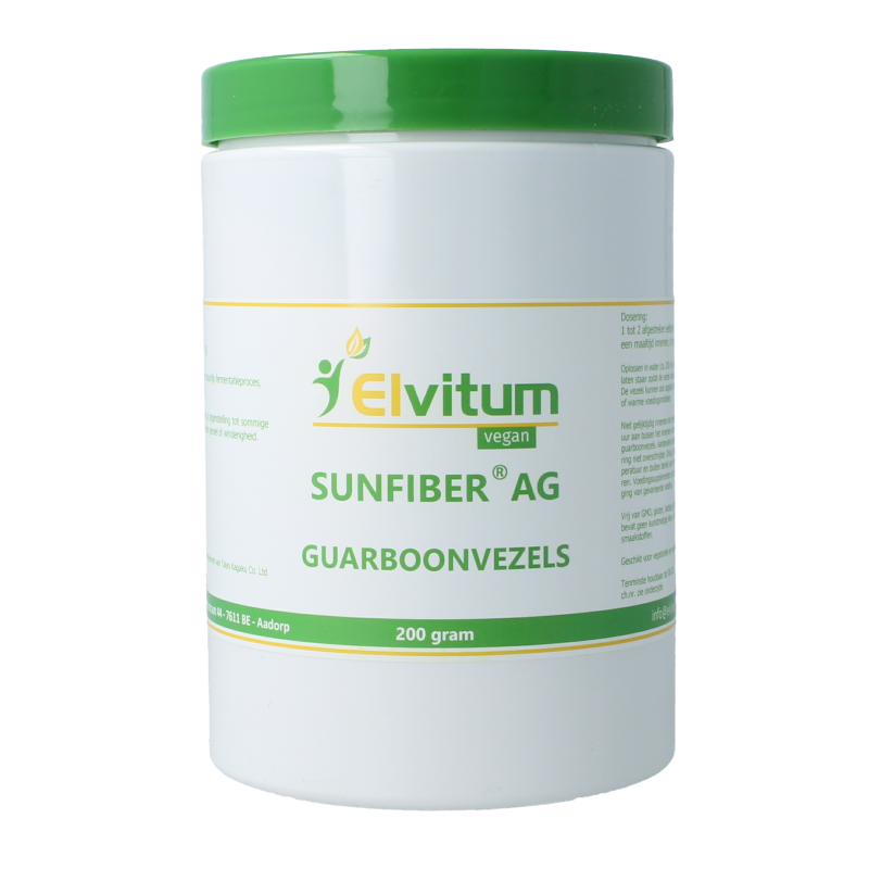 Elvitum Sunfiber AG guarboonvezels, 200g, herbal supplement with fiber, shown in the package.