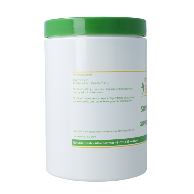 Elvitum Sunfiber AG guarboonvezels in 200g package, a herbal supplement for digestive health.