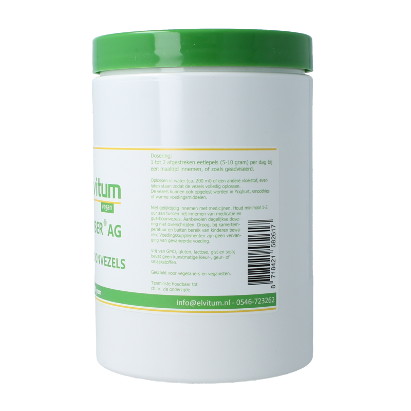 Elvitum Sunfiber AG guarboonvezels packaging, 200 grams, herbal supplement with fiber and plant-based ingredients.