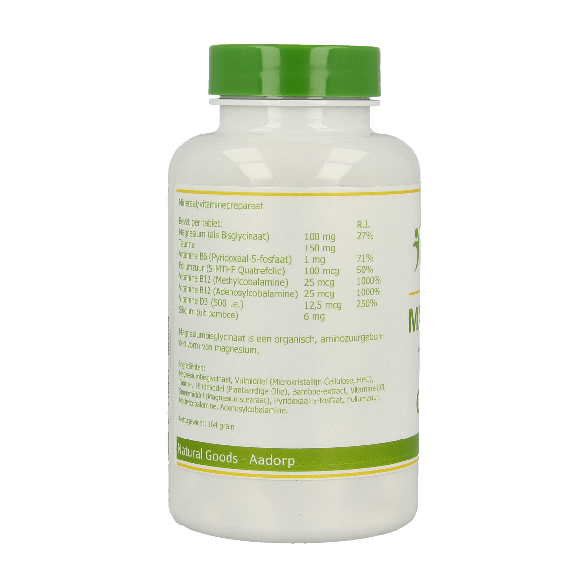 Elvitum Magnesium Taurine Complex tablets, dietary mineral supplement, close-up of the 90-tablet bottle or package.