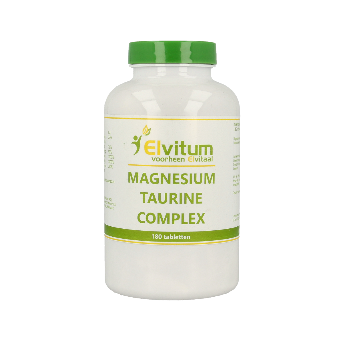 Elvitum Magnesium Taurine mineral supplement tablets, 180 count, showing a bottle of dietary mineral tablets with label.