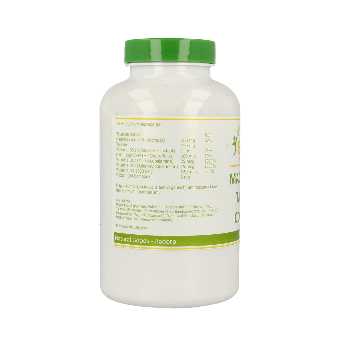 Elvitum Magnesium Taurine mineral supplement tablets, 180 count, close-up of the bottle with tablets inside