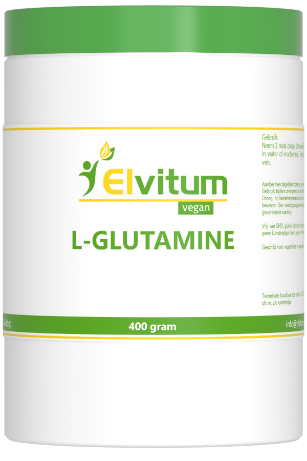 Elvitum L-Glutamine amino acid supplement in 400g container, showing the product packaging and label.