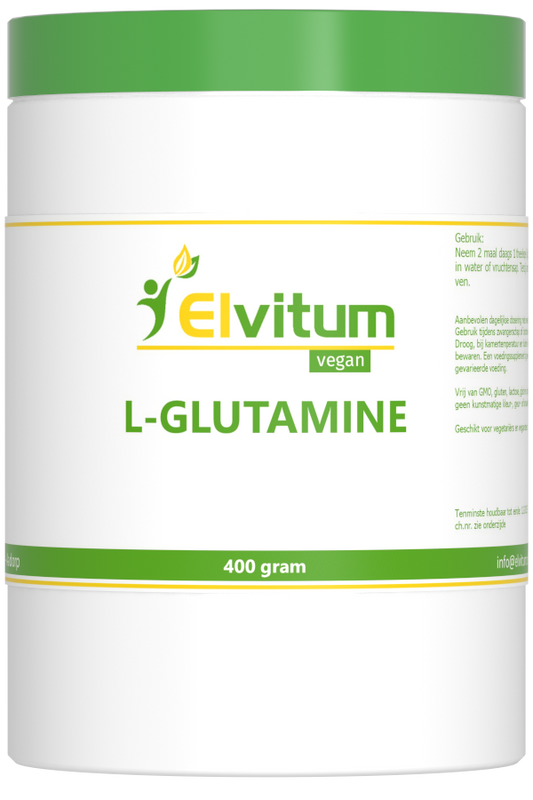 Elvitum L-Glutamine amino acid supplement in 400g container, showing the product packaging and label.