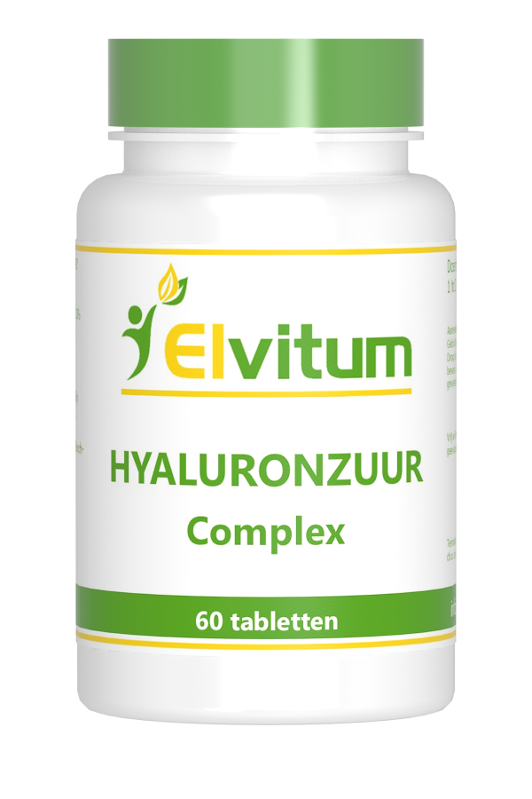 Elvitum Hyaluronzuur complex supplement in a bottle of 60 tablets, herbal preparation for skin and joint support.