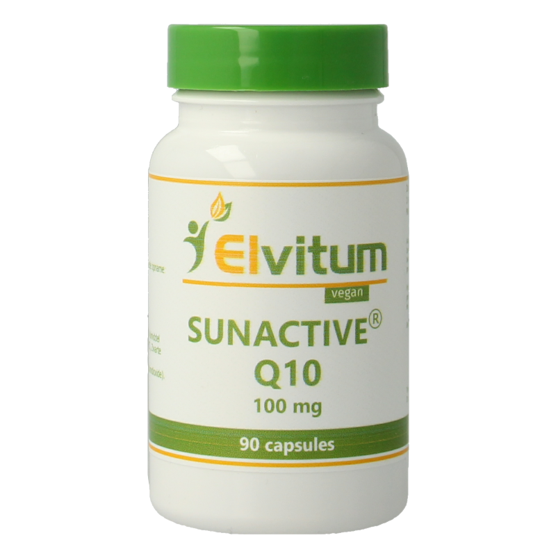 Elvitum Co-enzym Q10 SunActive 100mg vegetarian capsules, showing the supplement bottle with capsules inside.
