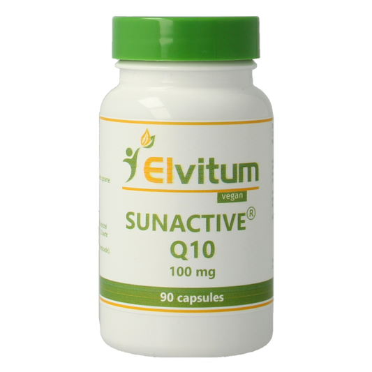 Elvitum Co-enzym Q10 SunActive 100mg vegetarian capsules, showing the supplement bottle with capsules inside.