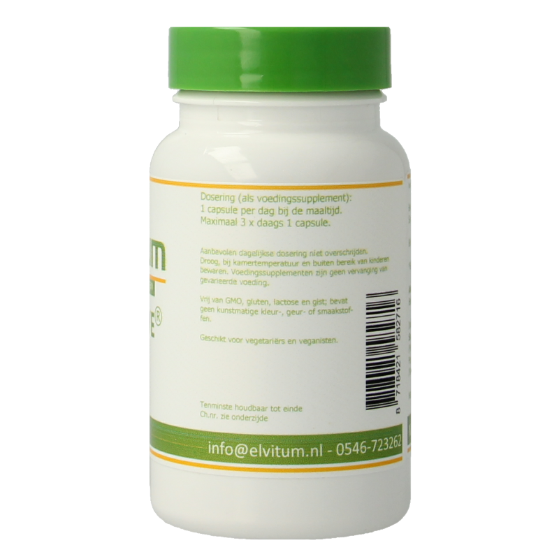 Elvitum Co-enzyme Q10 100mg vegetarian capsules, supplement bottle with 90 capsules and label showing product details.